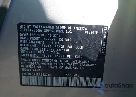 2019 Volkswagen Atlas 3.6L V6 Se из США, поврежденный, VIN 1V2LR2CA1KC542033